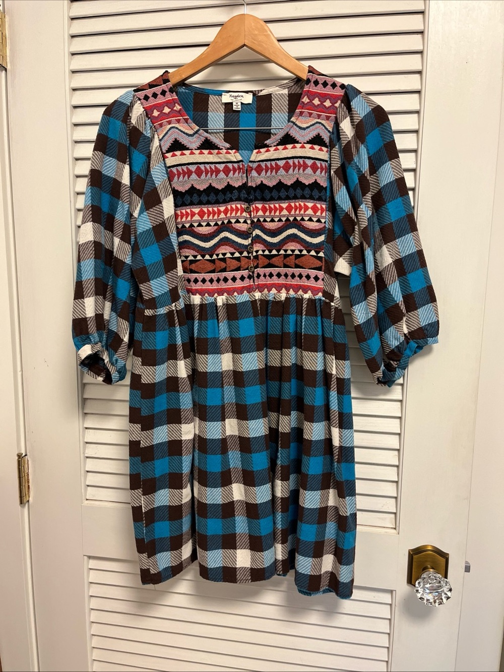 Hayden Blue Brown Plaid Tunic with Embroidered Yoke